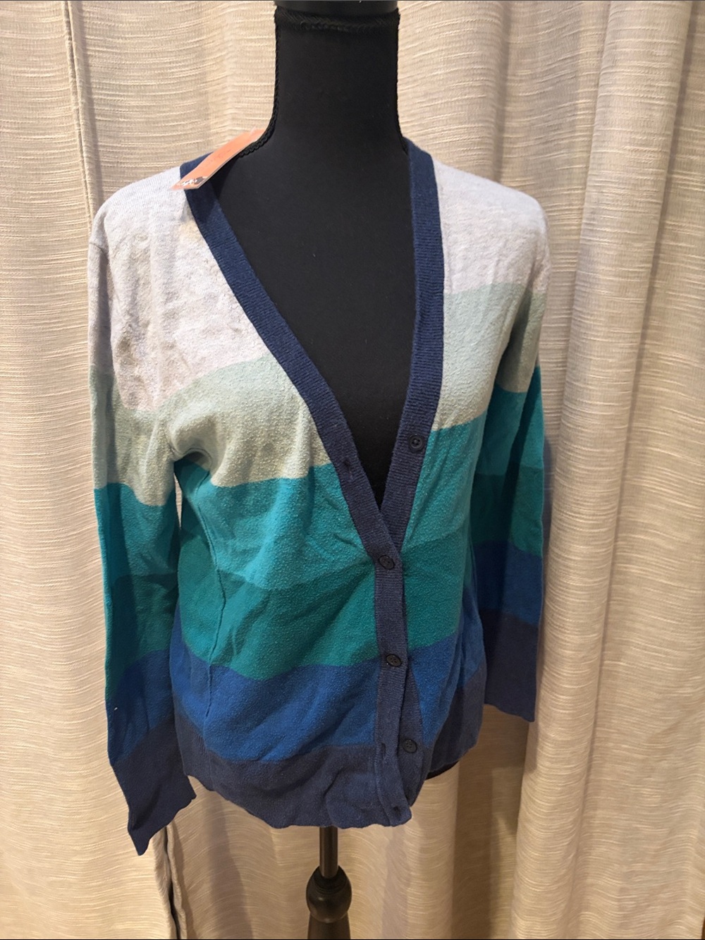 Eddie Bauer Striped V-Neck Button Cardigan Sweater - Blue/Teal